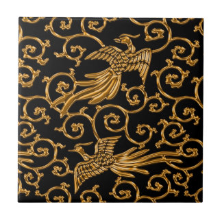 Fliegende goldene Vogelarabeske Fliese