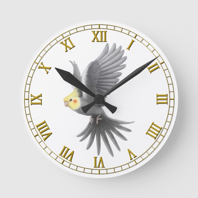 Fliegende graue Cockatiel-Papageien-Wanduhr Runde Wanduhr (Vorderseite)