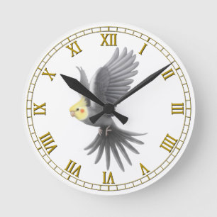 Fliegende graue Cockatiel-Papageien-Wanduhr Runde Wanduhr