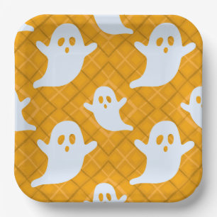 Fliegende Halloween-Geister auf orangefarbenem Kar Pappteller