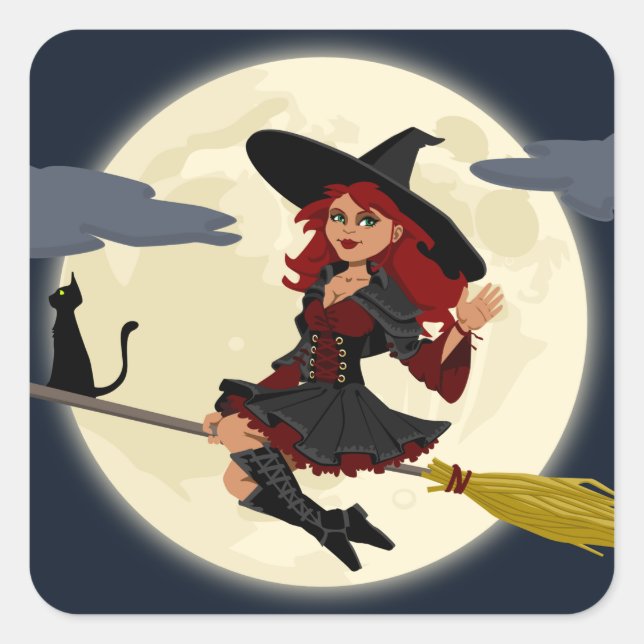 Fliegende Hexe mit Broom und schwarzer Katze Quadratischer Aufkleber (Vorderseite)
