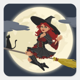 Fliegende Hexe mit Broom und schwarzer Katze Quadratischer Aufkleber