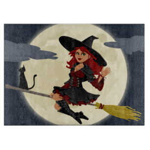 Fliegende Hexe mit schwarzer Katze und dem Mond Schneidebrett