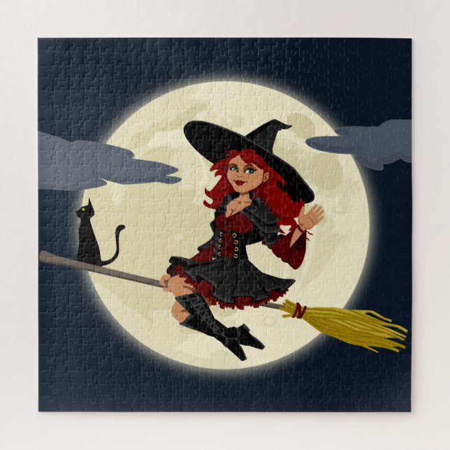 Fliegende Hexe, Mond und schwarze Katze Puzzle (Vertikal)