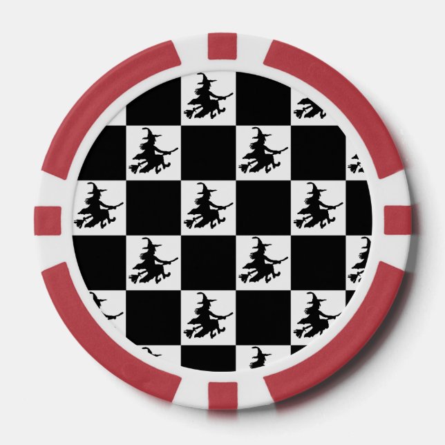 Fliegende Hexe Schwarz-Weiß Kariert Pokerchips (Vorderseite)