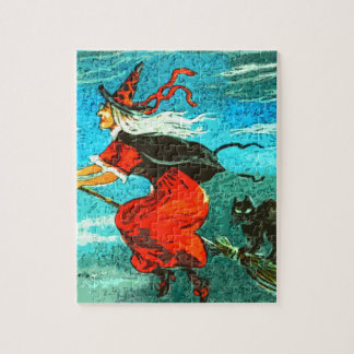 Fliegende Hexe und schwarze Katze Halloween Puzzle