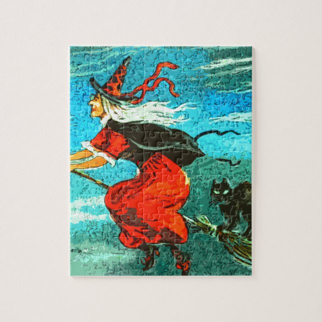 Fliegende Hexe und schwarze Katze Halloween Puzzle (Vertikal)