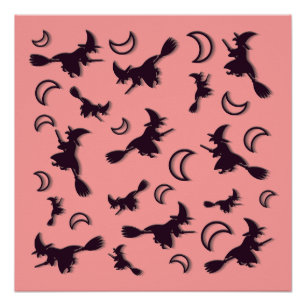 Fliegende Hexe zwischen Halbmond in der Halloween- Poster