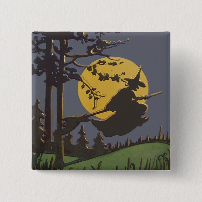 Fliegende Hexensilhouette Vollmond Button (Vorderseite)