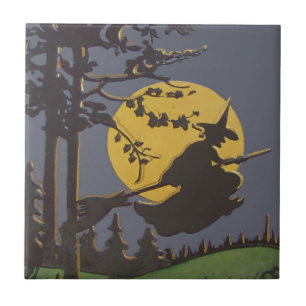 Fliegende Hexensilhouette Vollmond Fliese