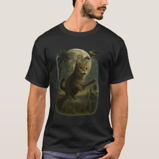 Fliegende Katze auf Besenstiel Halloween-Nachtszen T-Shirt