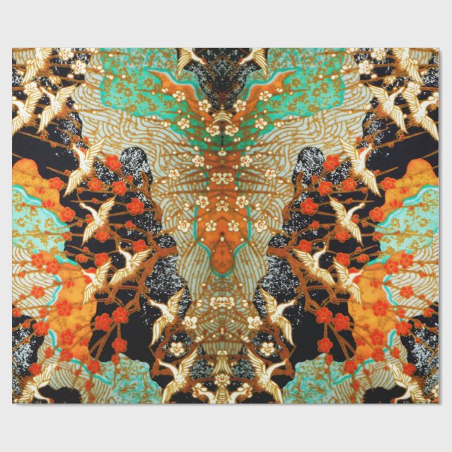 FLIEGENDE KRÄNE MIT FRÜHBLUMEN, Japanisch Geschenkpapier (Flach)