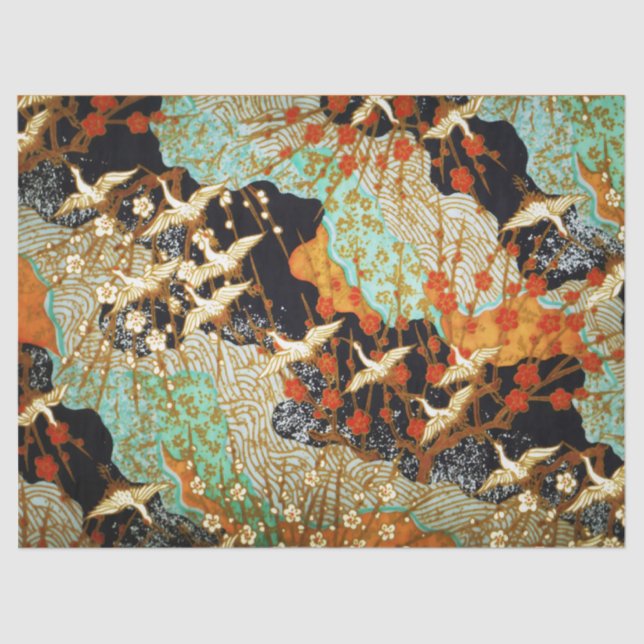 FLIEGENDE KRÄNE MIT FRÜHBLUMEN, Japanisch Seidenpapier (Vorderseite)