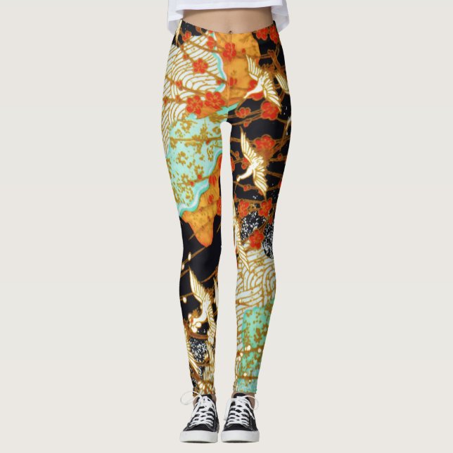 FLIEGENDE KRÄNE MIT FRÜHBLUMEN LEGGINGS (Vorderseite)