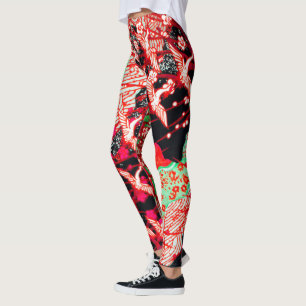 FLIEGENDE KRÄNE MIT FRÜHBLUMEN Rote Blüte Leggings