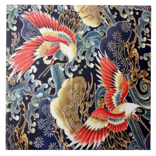 FLIEGENDE KRÄNE, WELLEN, FRÜHSTÜCKE, japanische Bl Fliese