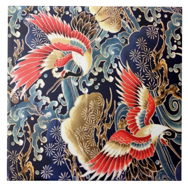 FLIEGENDE KRÄNE, WELLEN, FRÜHSTÜCKE, japanische Bl Fliese (Vorderseite)