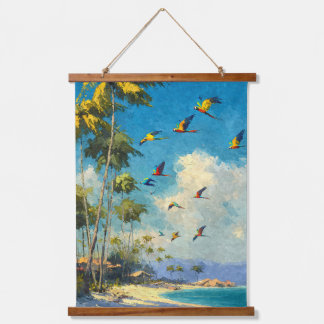 Fliegende Papageien Tropischer Himmel Strand Kunst Wandteppich Mit Holzrahmen