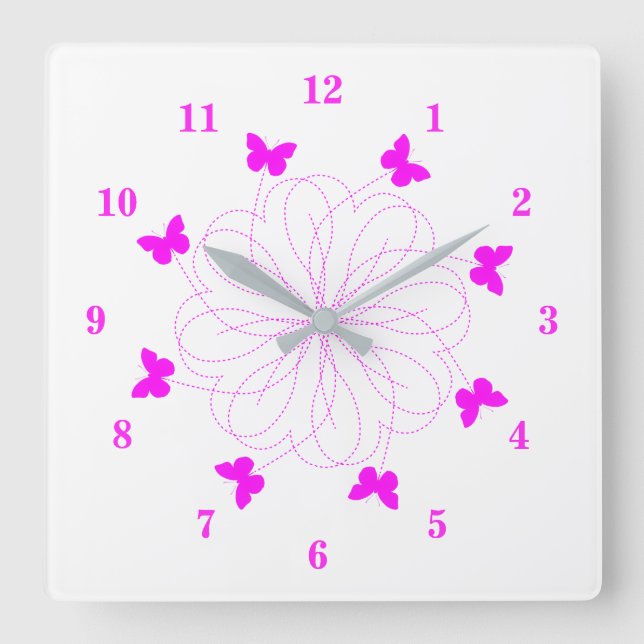 Fliegende rosafarbene Schmetterlingswand - Farbe a Quadratische Wanduhr (Vorderseite)