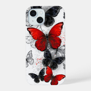 Fliegende schwarze und rote Morpho-Schmetterlinge iPhone 15 Hülle