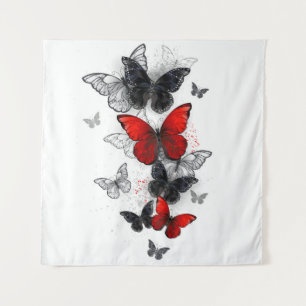 Fliegende schwarze und rote Morpho-Schmetterlinge Wandteppich