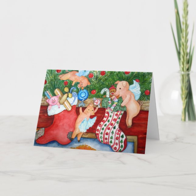 Fliegende Schweine Stuff-Strümpfe Feiertagskarte (Vorderseite)