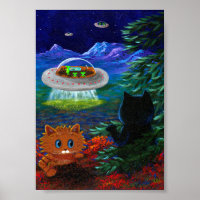 Fliegende Untertasse UFO schwarze Katze orange Tab