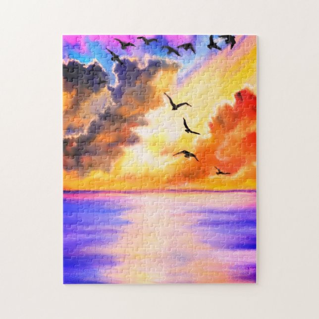 Fliegende Vögel auf dem Meer Sonnenuntergang Puzzl Puzzle (Vertikal)