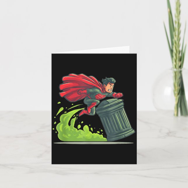 Fliegender Held Mit Mülltonnen-Kostüm Zum Herausne Karte (Vorderseite)