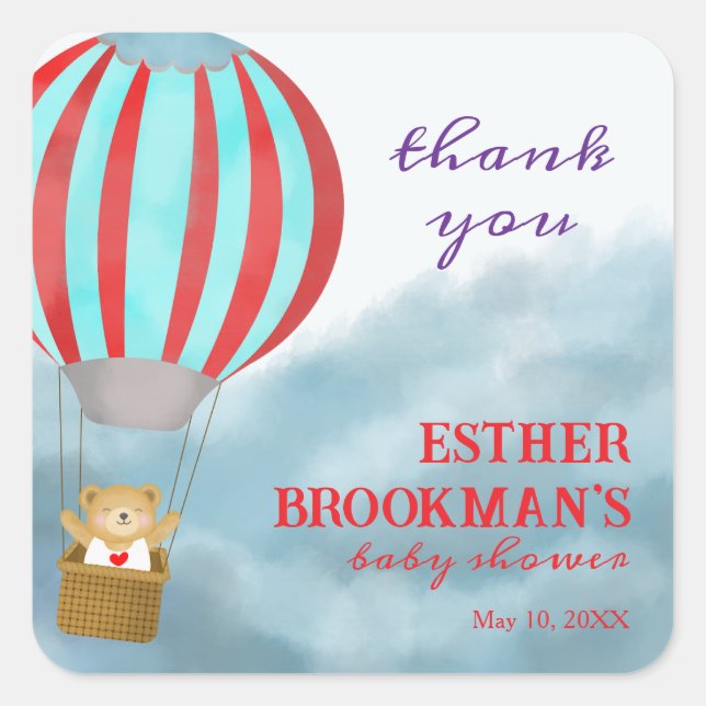 Fliegender süßer Bär in einem Heißluftballon Baby  Quadratischer Aufkleber (Vorderseite)