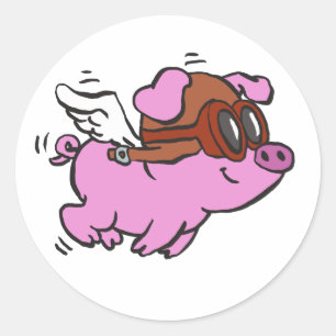 Fliegendes Cartoon-Schweinchen in Rosa Hintergru Runder Aufkleber