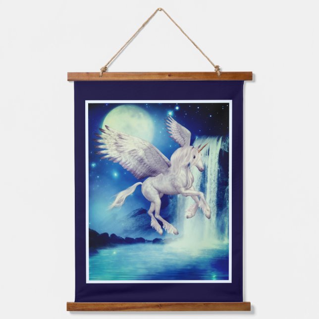 Fliegendes Einhorn Wasserfall Fantasy Pferd Wandteppich Mit Holzrahmen (Vorderseite)