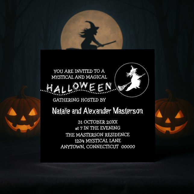 Fliegendes Hexengebläse, Schwarz Einladung (Black Flying Witch Halloween Party Invite)