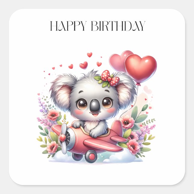 Fliegendes Koala-Geburtstag Quadratischer Aufkleber (Vorderseite)