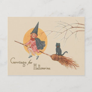 Fliegendes Mädchen Hexe schwarze Katze Vollmond Postkarte
