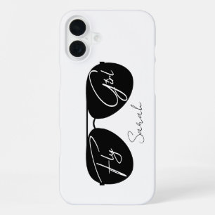Fliegendes Mädchen Schrift Schwarze Aviator Sonnen iPhone 16 Plus Hülle