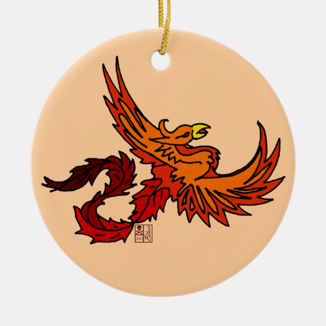 Fliegendes mittelalterliches Orange Phoenix Vogela Keramikornament (Vorne)