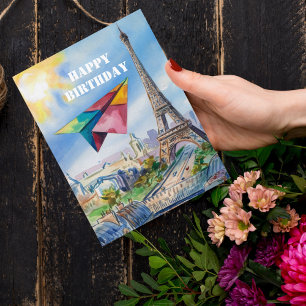 Fliegendes Papierflugzeug in Paris, Bunt, Aquarell Postkarte