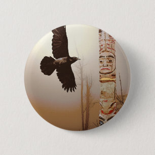 Fliegendes Raven & Totem Pole Fantasy Art Button