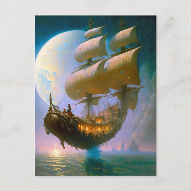 Fliegendes Schiff Fantasy Art Postkarte (Vorderseite)