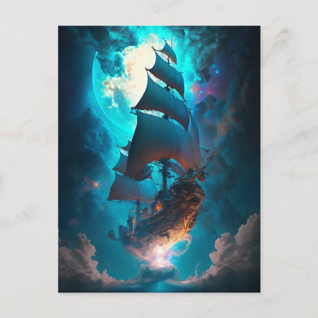 Fliegendes Schiff Fantasy Art Postkarte (Vorderseite)