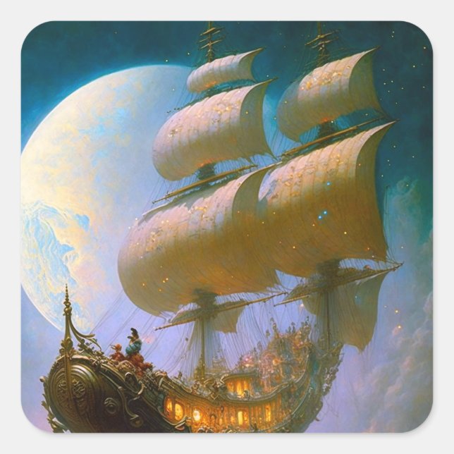 Fliegendes Schiff Fantasy Art Quadratischer Aufkleber (Vorderseite)