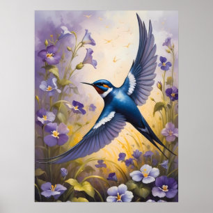 Fliegendes Schluckfeld bei violetten Blume Poster