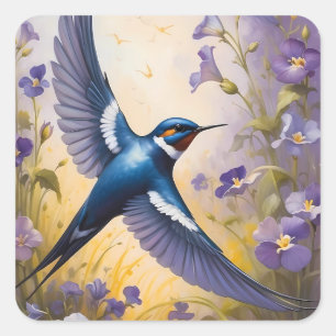 Fliegendes Schluckfeld bei violetten Blume Quadratischer Aufkleber