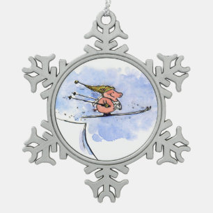 Fliegendes Ski-Sprung-Schwein Whimsische Tierkun Schneeflocken Zinn-Ornament