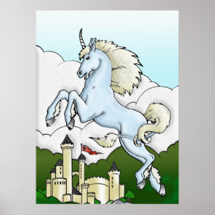 Fliegendes Unicorn & Castle Fantasy Kunst, Dichtun Poster
