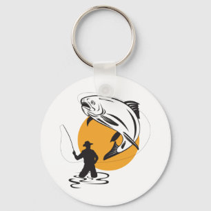 Fliegenfischen Forelle Sonnenuntergang Silhouette Schlüsselanhänger