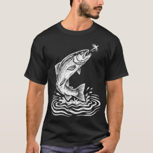 Fliegenfischen Springende Forelle Linolschnitt T-Shirt