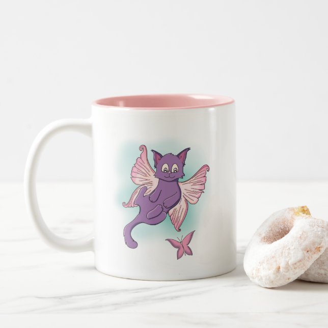 Fliegenrosa und Lila Fairy Cat Zweifarbige Tasse (Mit Donut)