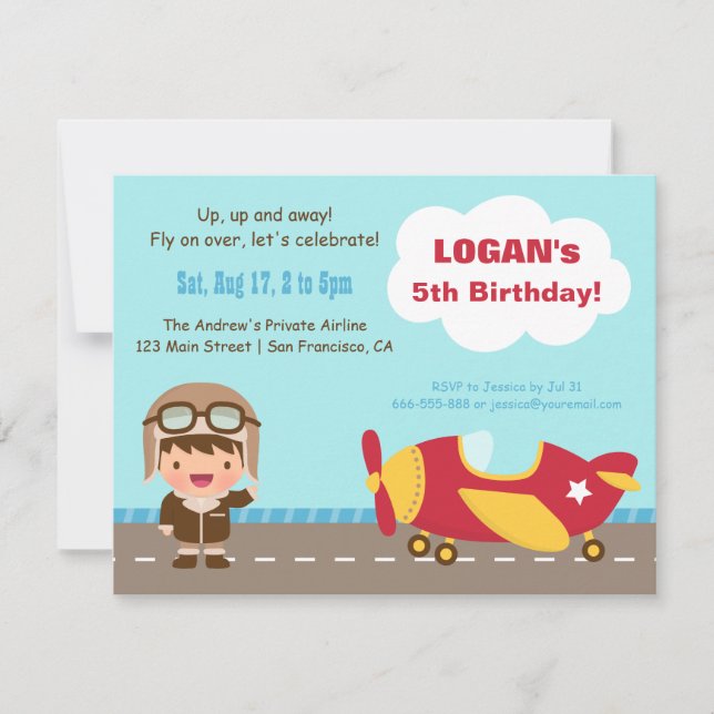 Flieger-Jungen-Flugzeug-Geburtstags-Party Einladung (Vorderseite)